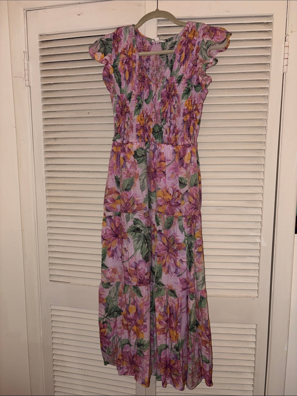 Smocked Lavender Floral Maxi Dress with Flutter Sleeves